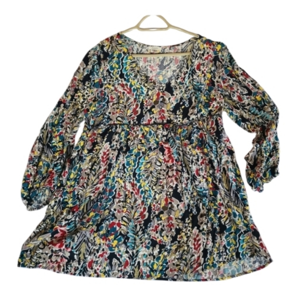JODIFL Multicolor V-Neck Long Sleeve Babydoll Dress 100% Rayon Ribbed Band Large